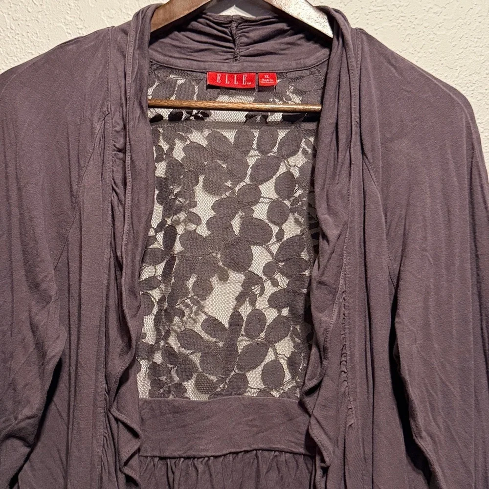 Elle Purple Gray Lace Back Open Front Cardigan Size XL Lightweight Long Sleeve